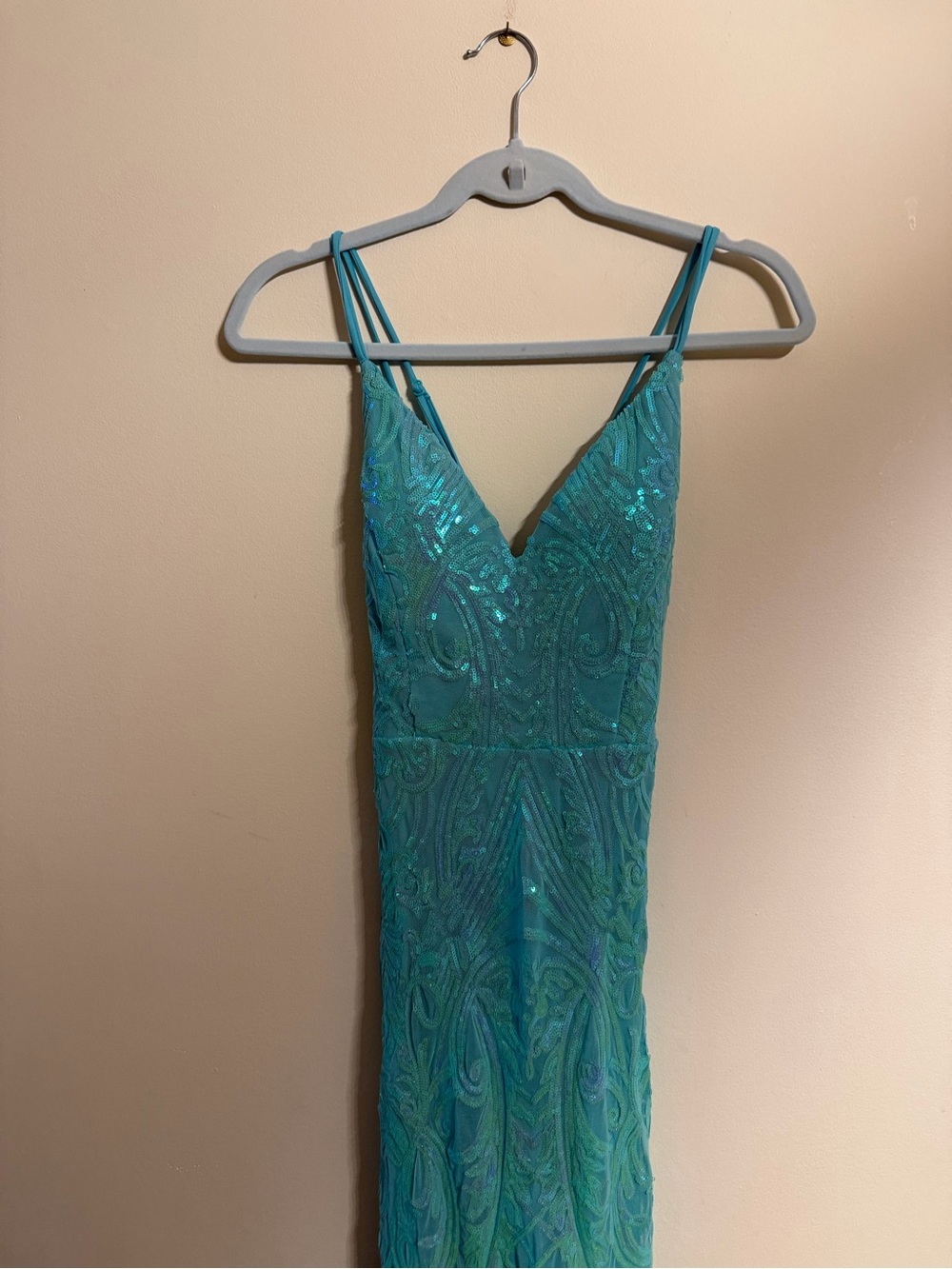 Windsor Teal Sequin V-Neck Double Strap Prom Dress